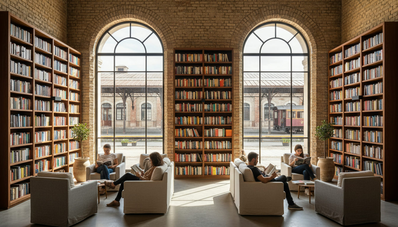 Interior de uma livraria moderna com estantes de madeira escura e livros coloridos, em um edifício com paredes de tijolos expostos e grandes janelas arqueadas que revelam uma estação de trem antiga. Pessoas lendo em poltronas confortáveis, luz natural.