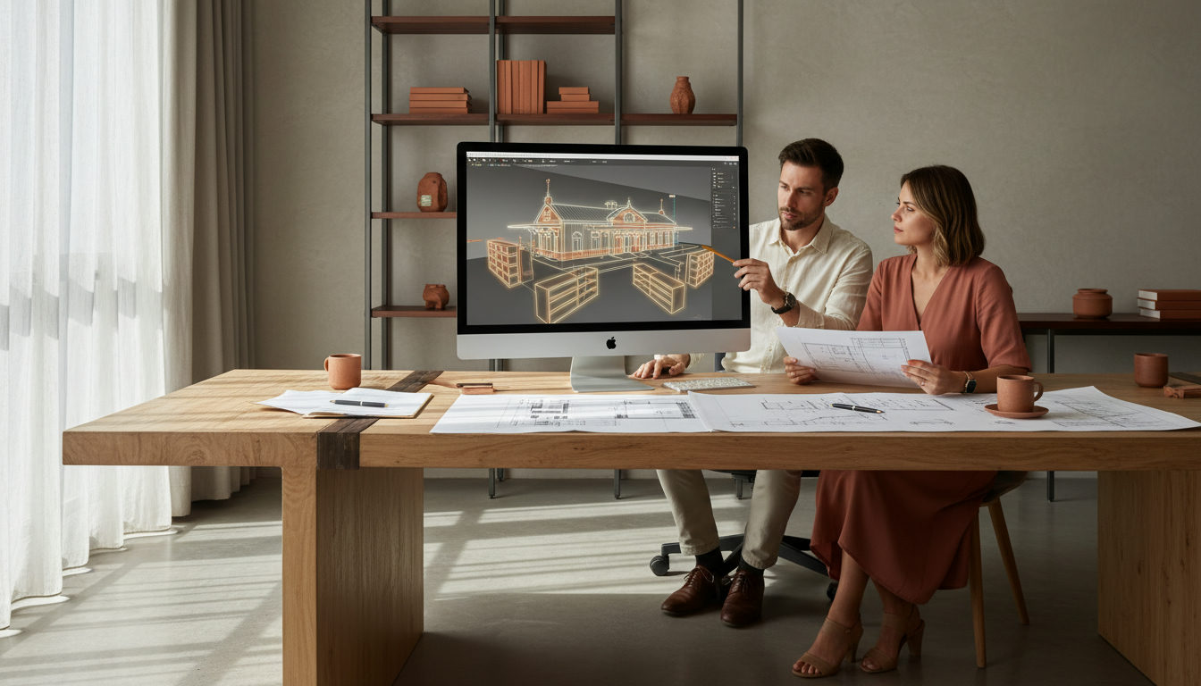 Engenheiro e arquiteto analisando um modelo BIM detalhado de uma antiga estação ferroviária em uma tela de computador, com elementos de design de livraria sobrepostos. Pranchetas e canetas na mesa, luz de escritório, foco na tela.