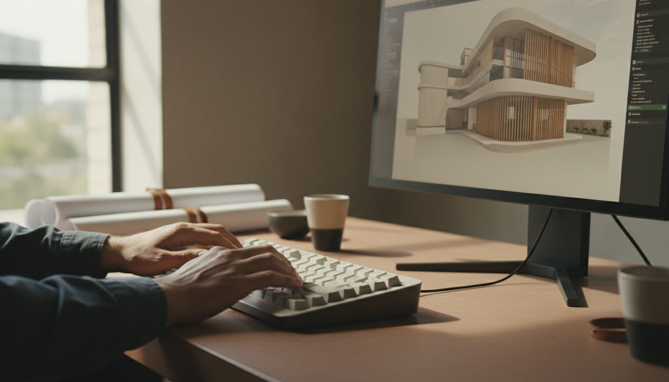 Mãos de um arquiteto digitando rapidamente em um teclado ergonômico sobre uma mesa de escritório, com uma tela de computador exibindo um modelo Revit ao fundo, luz natural vinda da janela.
