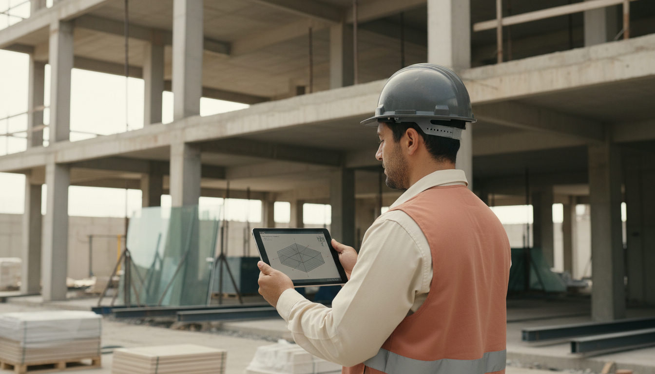 Engenheiro verificando modelos BIM em um tablet no canteiro de obras, com um capacete de segurança e um colete refletivo. Ao fundo, uma estrutura de concreto em construção.