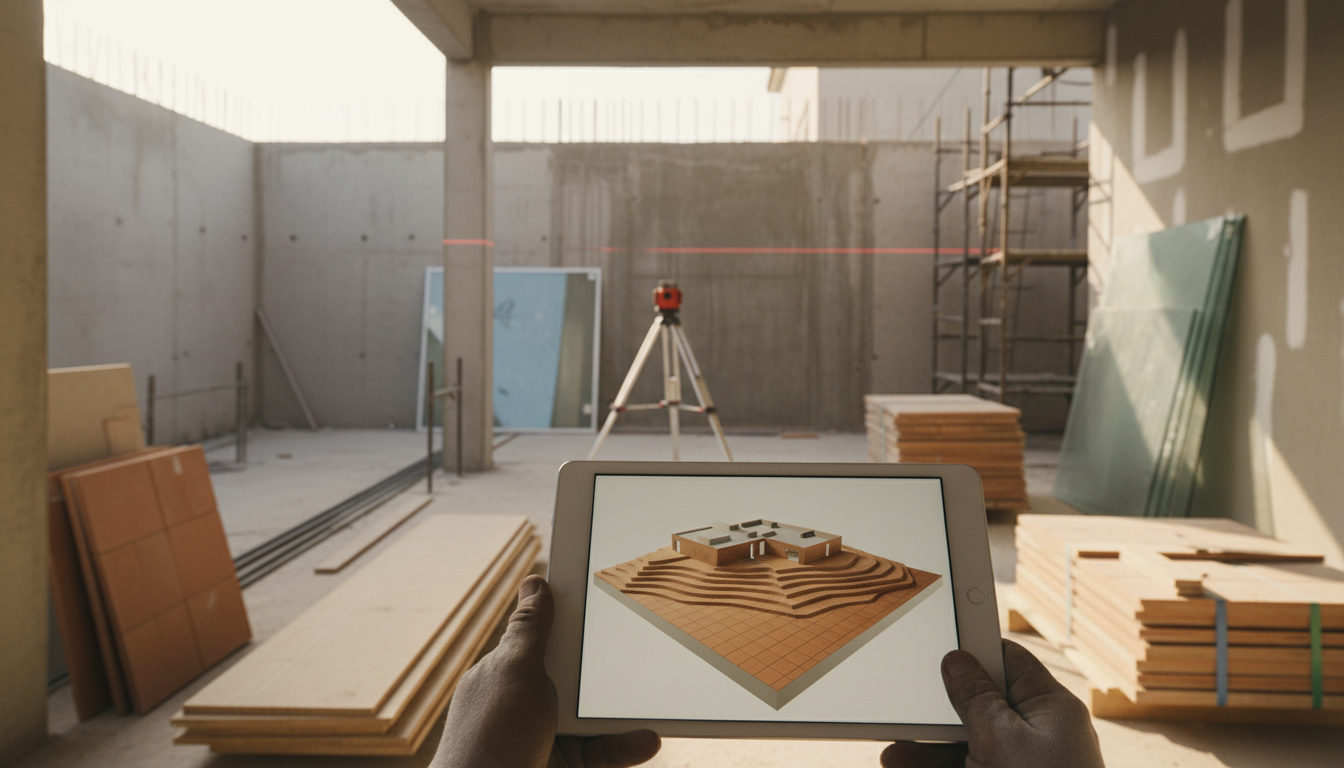 Engenheiro civil em canteiro de obras, segurando um tablet com um modelo 3D do terreno e da edificação, com um nivelador a laser ao fundo, luz solar forte, perspectiva em primeira pessoa.