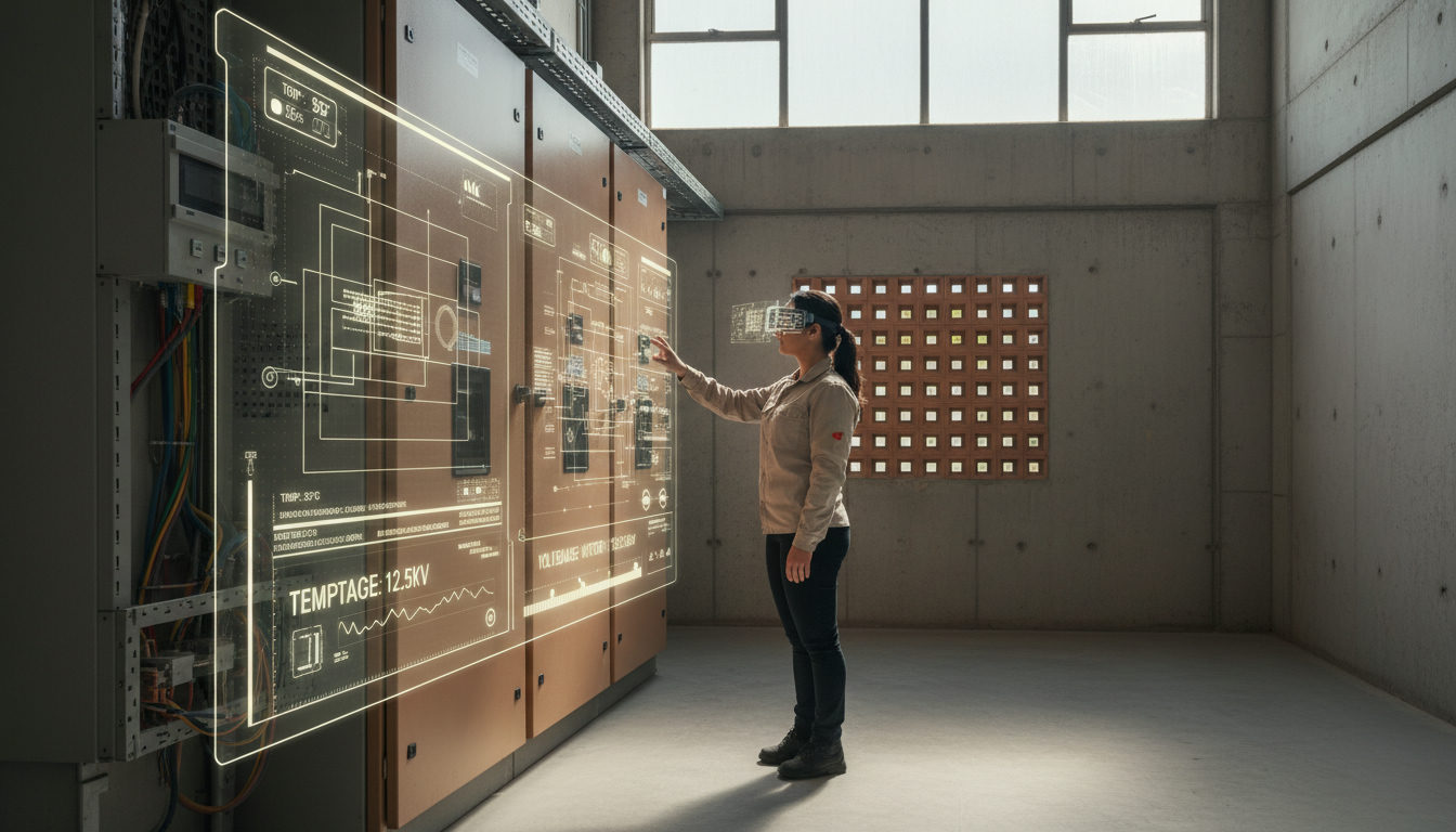 Engenheiro elétrico utilizando óculos de realidade aumentada para visualizar dados de um gêmeo digital sobre um painel elétrico real em uma subestação.