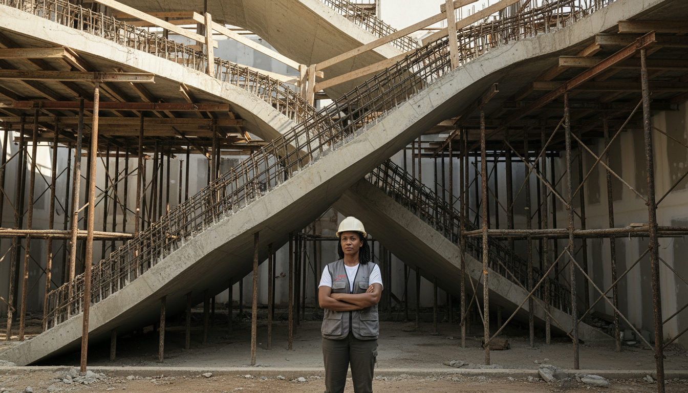 Engenheiro civil em canteiro de obras, com capacete e colete, olhando para uma estrutura curva de concreto armado em construção, com andaimes ao redor.