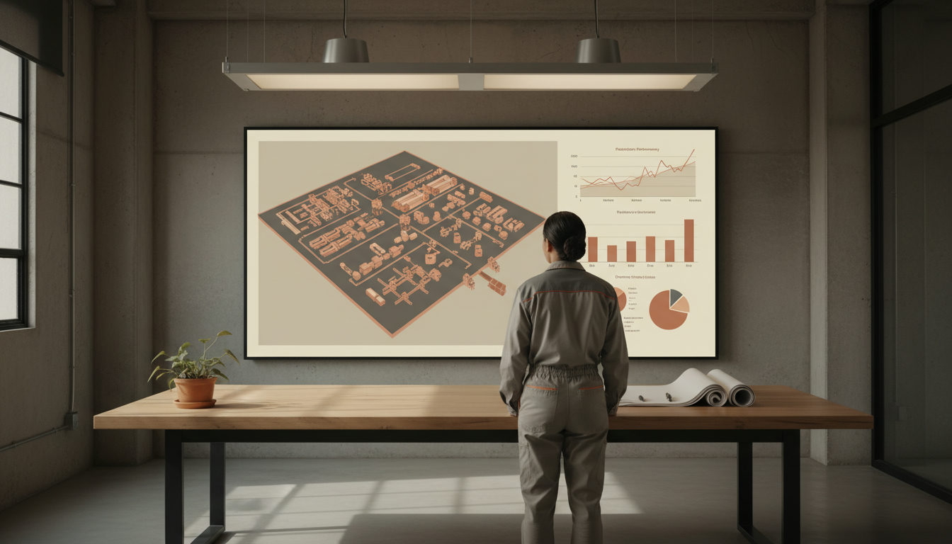 Engenheiro de produção revisando um modelo 3D de layout de fábrica em um monitor grande, com gráficos de desempenho de produção ao lado.