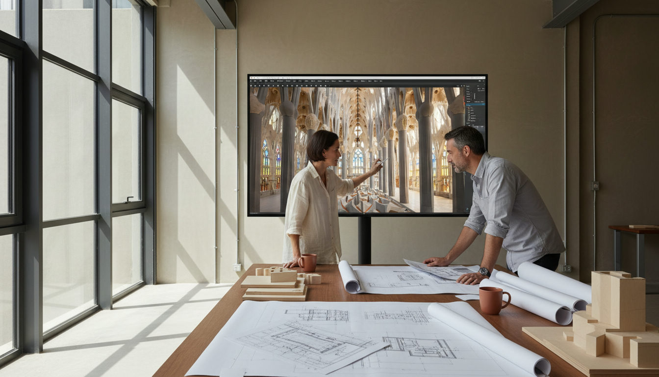 Engenheiros revisando um modelo BIM da Sagrada Família em um computador, com desenhos técnicos espalhados na mesa.