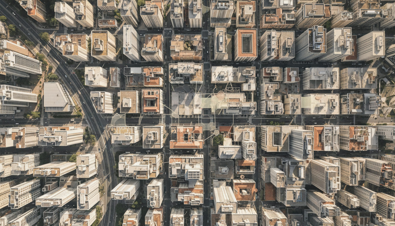 Visão aérea de uma cidade com edifícios e infraestrutura, sobreposta por uma camada de dados georreferenciados e pontos de interesse marcados, luz do dia.