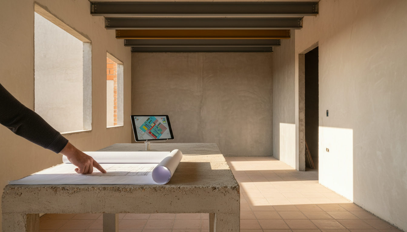 Mão de um fiscal apontando para uma prancha de projeto em um canteiro de obras, com um tablet mostrando dados georreferenciados ao fundo, luz natural.
