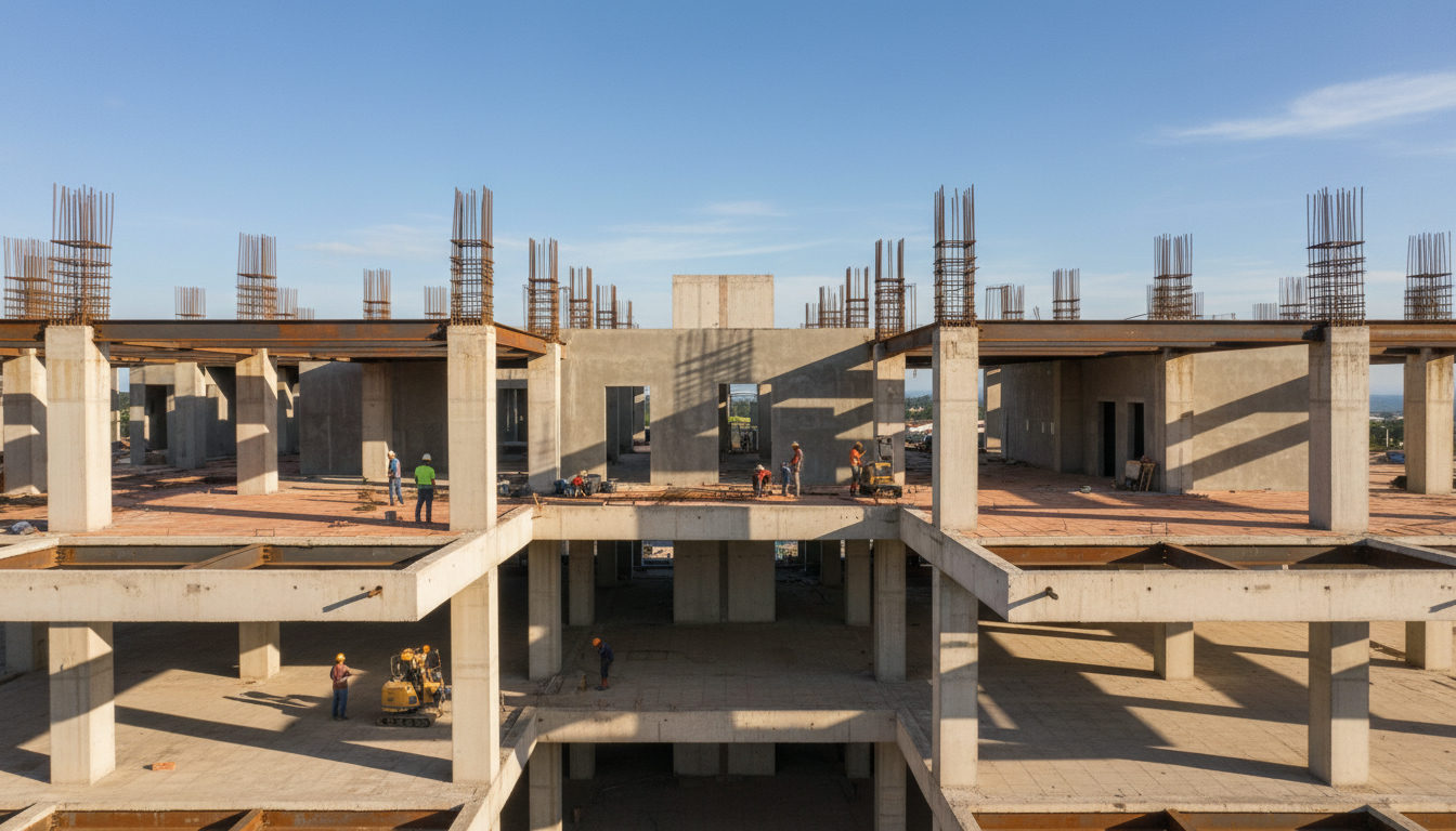 Vista aérea de uma estrutura de concreto em construção, com armaduras expostas e operários trabalhando, céu azul, luz do dia.