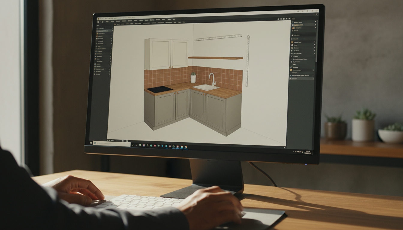Mãos de um arquiteto ajustando a altura de uma prateleira em um modelo 3D de cozinha compacta em software BIM.