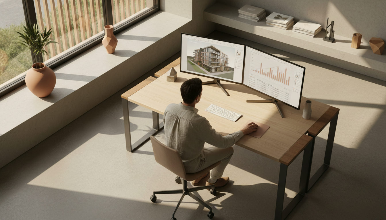 Engenheiro analisando um modelo BIM em um monitor, com gráficos de quantitativos ao lado, em um escritório moderno, luz natural entrando pela janela, vista superior.