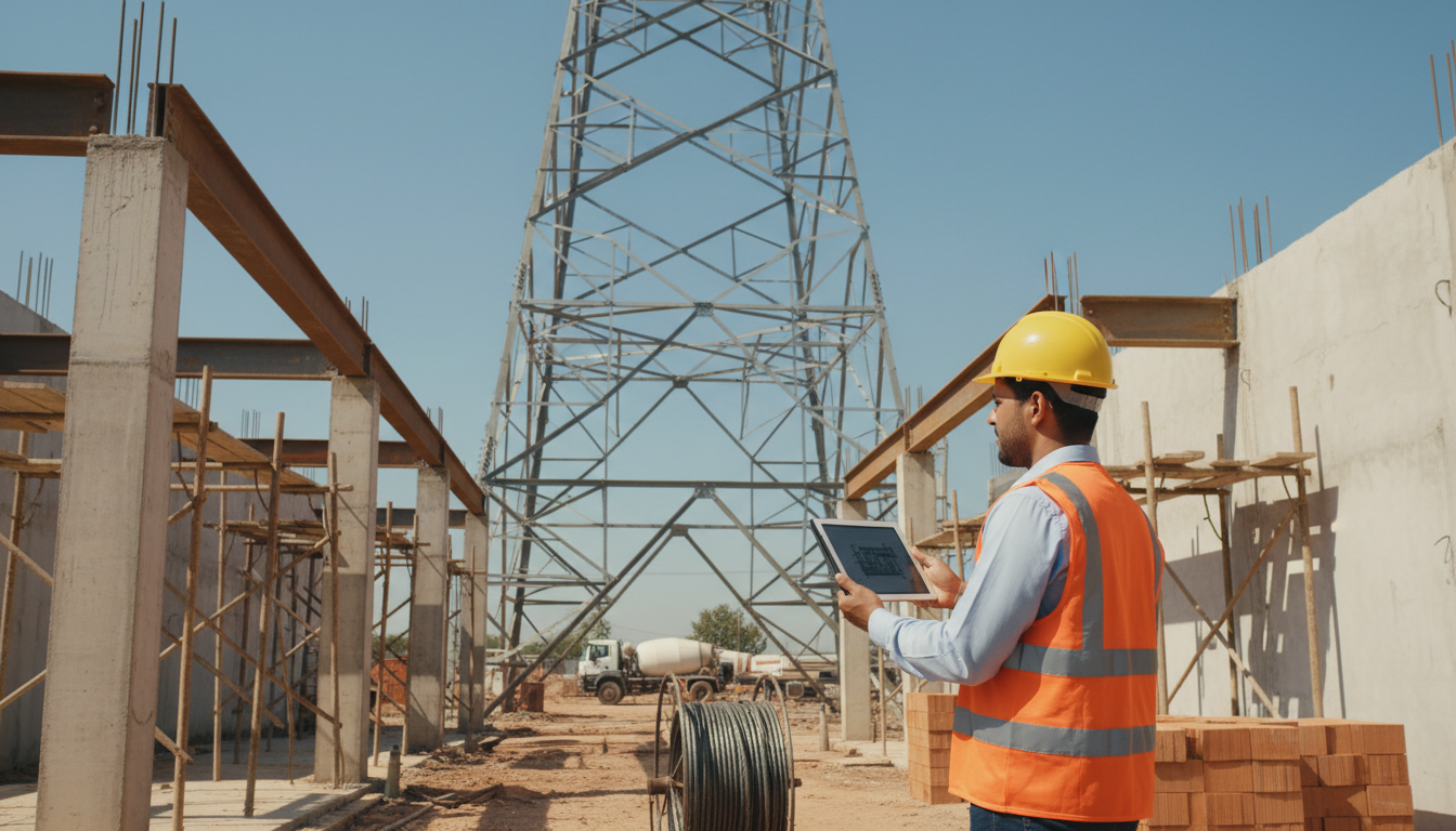 Engenheiro usando tablet em canteiro de obras de linha de transmissão, com torre de alta tensão ao fundo, céu azul, luz do sol.