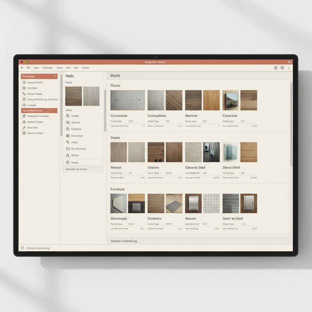 Interface de um software de gerenciamento de dados BIM, mostrando uma biblioteca de famílias organizada por categorias e com metadados visíveis.
