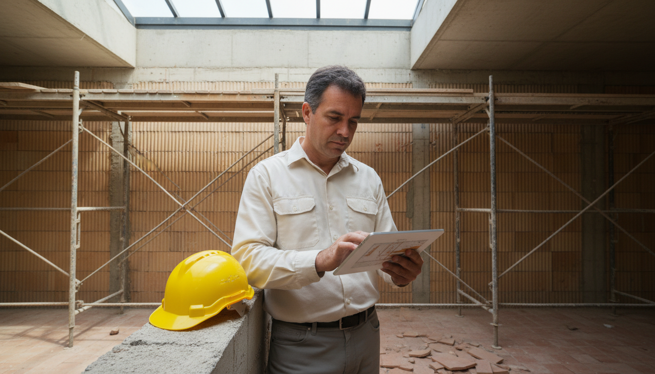 Engenheiro revisando um memorial descritivo digital em um tablet no canteiro de obras, com um capacete de segurança ao lado.