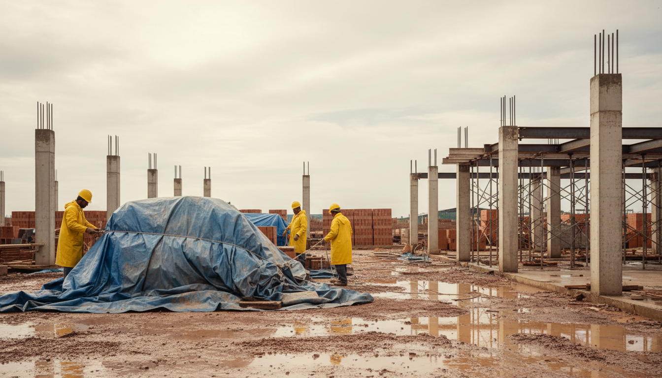 Canteiro de obras com lona protetora cobrindo materiais de construção, em dia chuvoso, com operários usando capas de chuva.