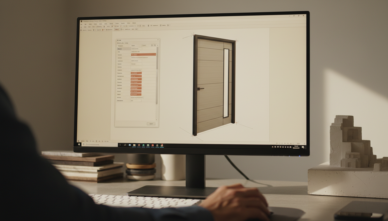 Arquiteto criando uma família de porta no Revit, com o editor de família aberto e diversos parâmetros visíveis na tela.