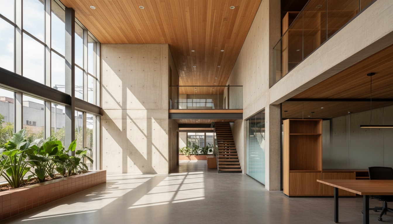Interior view of a modern building showing different functional zones, possibly a blend of public and private spaces, with varied ceiling heights and finishes. People are visible, indicating activity.