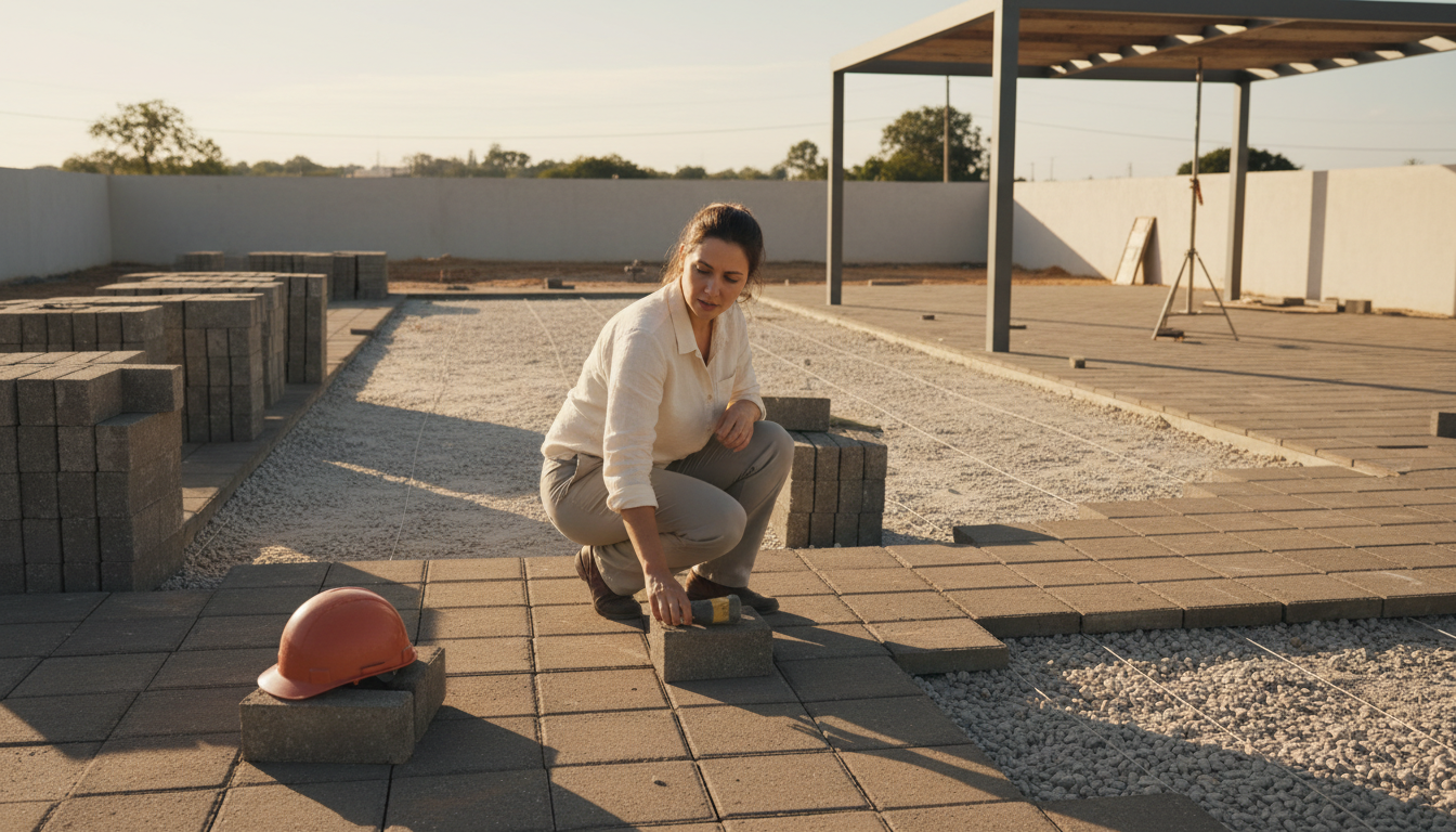 Engenheiro inspecionando a instalação de blocos de concreto intertravados em um canteiro de obras, com o solo preparado ao fundo, luz do fim de tarde, ângulo médio.