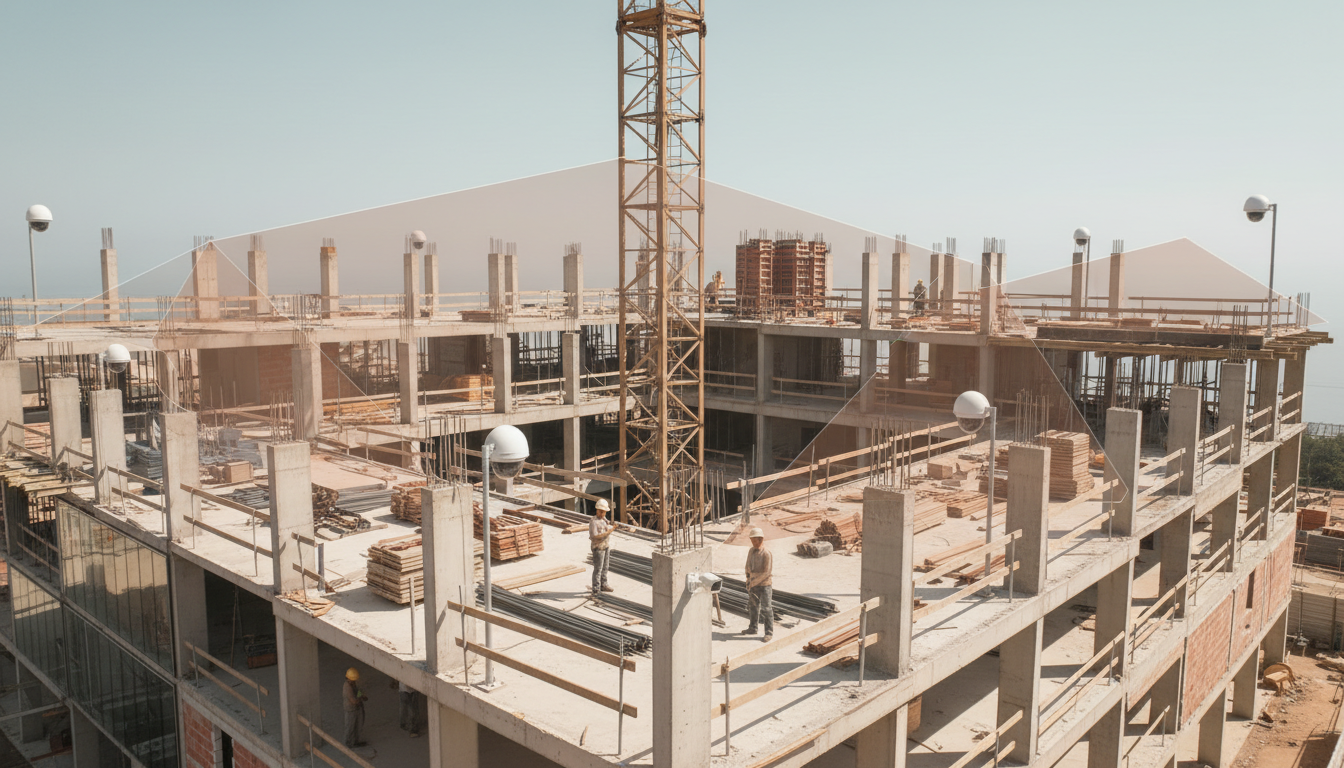 Canteiro de obras com guindaste e trabalhadores, monitorado por câmeras de segurança, com um overlay digital de análise de IA indicando zonas de risco. Luz do dia, vista de cima.