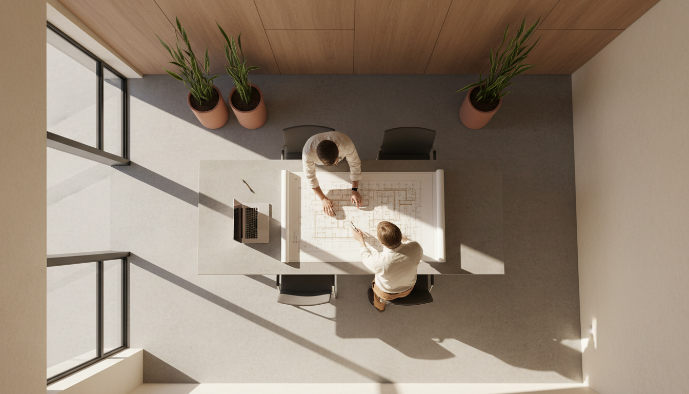 Engenheiro e arquiteto revisando plantas em uma mesa de reunião com um laptop aberto, em um escritório moderno, luz natural entrando pela janela, vista superior, foco nos documentos.
