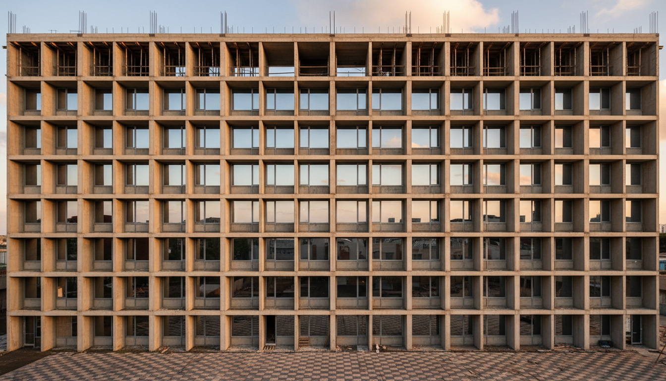 Fachada modular repetida de um edifício em construção, luz natural