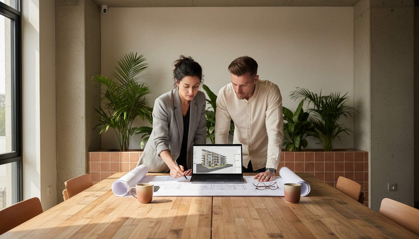 Engenheiro e arquiteto revisando plantas de um projeto de habitação social em uma mesa de reunião, com um laptop exibindo um modelo BIM, luz natural entrando por uma janela, close-up.