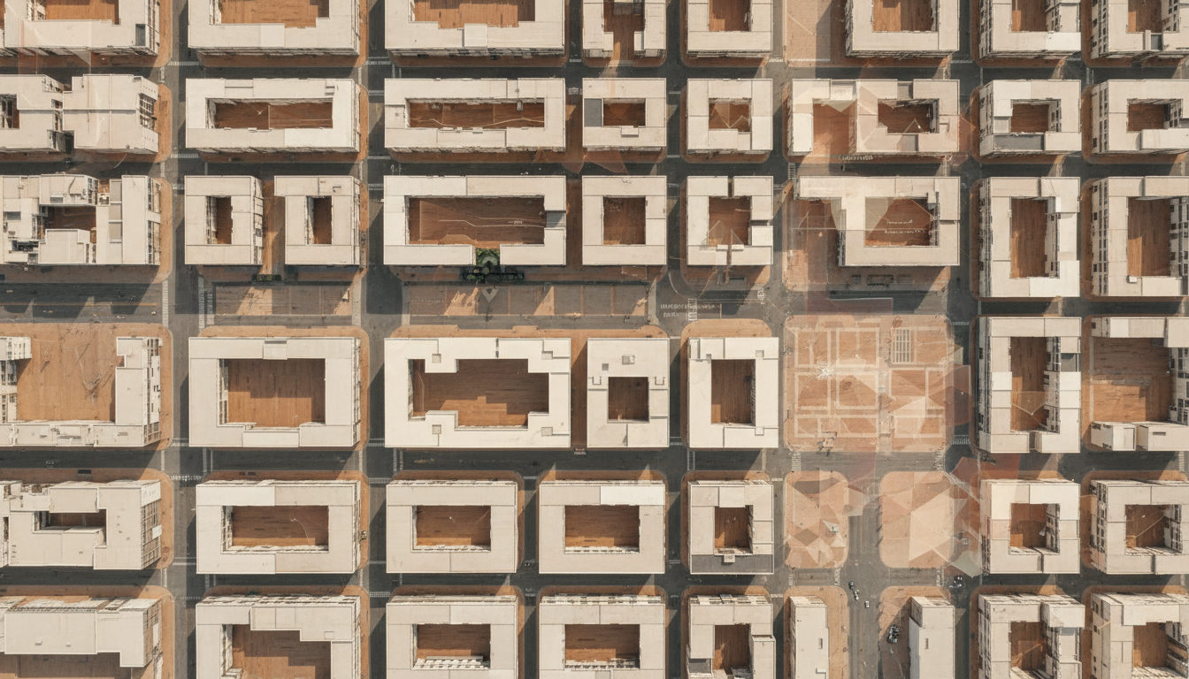 Visão aérea de um plano urbano complexo com sobreposições de camadas de dados visuais, indicando fluxos de tráfego e zonas de uso do solo, com pontos de dados brilhantes realçados, em um estilo de mapa digital, luz diurna suave.