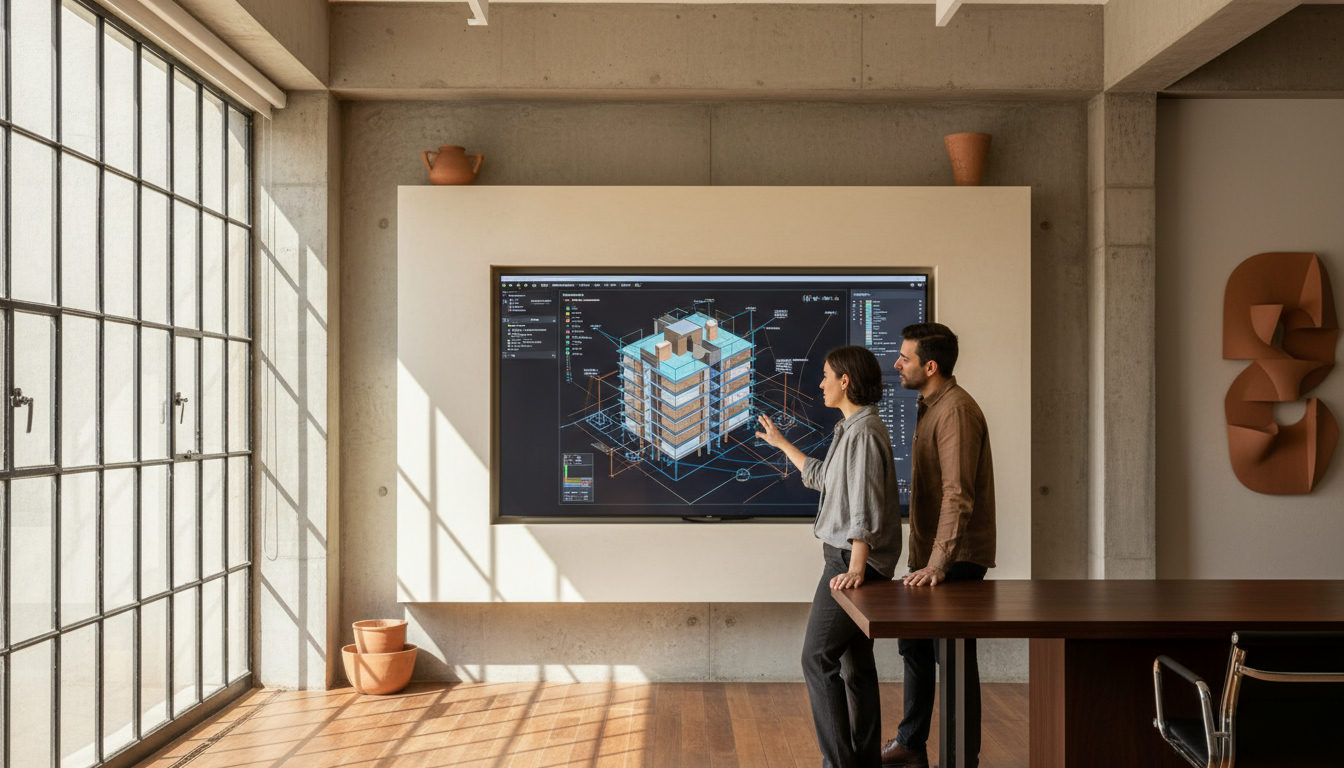 Arquiteto e engenheiro discutindo um projeto em uma tela grande, que exibe um modelo 3D complexo e dados sobrepostos, em um escritório moderno, com luz natural entrando pelas janelas, vista de perto.