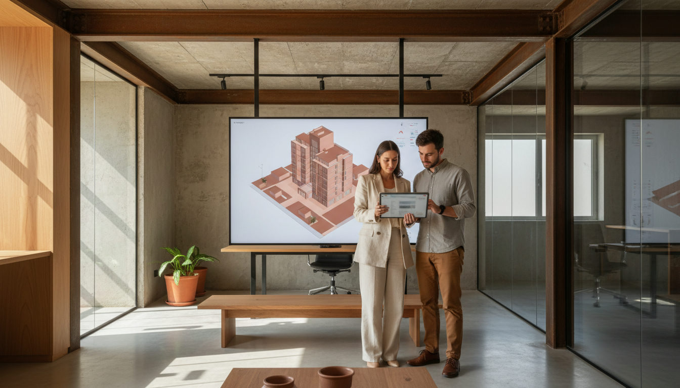 Engenheiro e arquiteto revisando um memorial descritivo digital em um tablet, com um modelo BIM 3D de fundo em outra tela, em um escritório moderno.