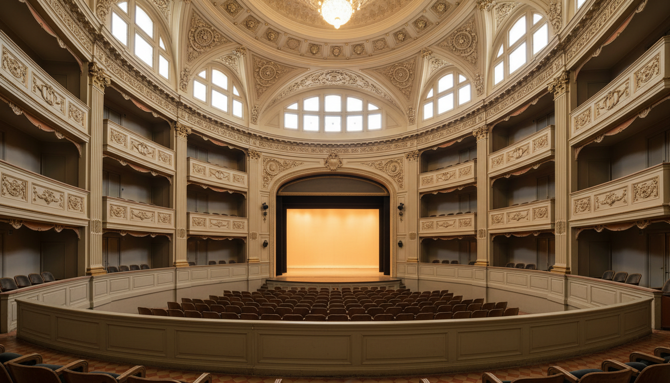 Interior do Teatro Arthur Azevedo, mostrando a plateia e os camarotes em estilo neoclássico, com detalhes dourados e estuques, iluminação quente do palco, perspectiva do centro da plateia.