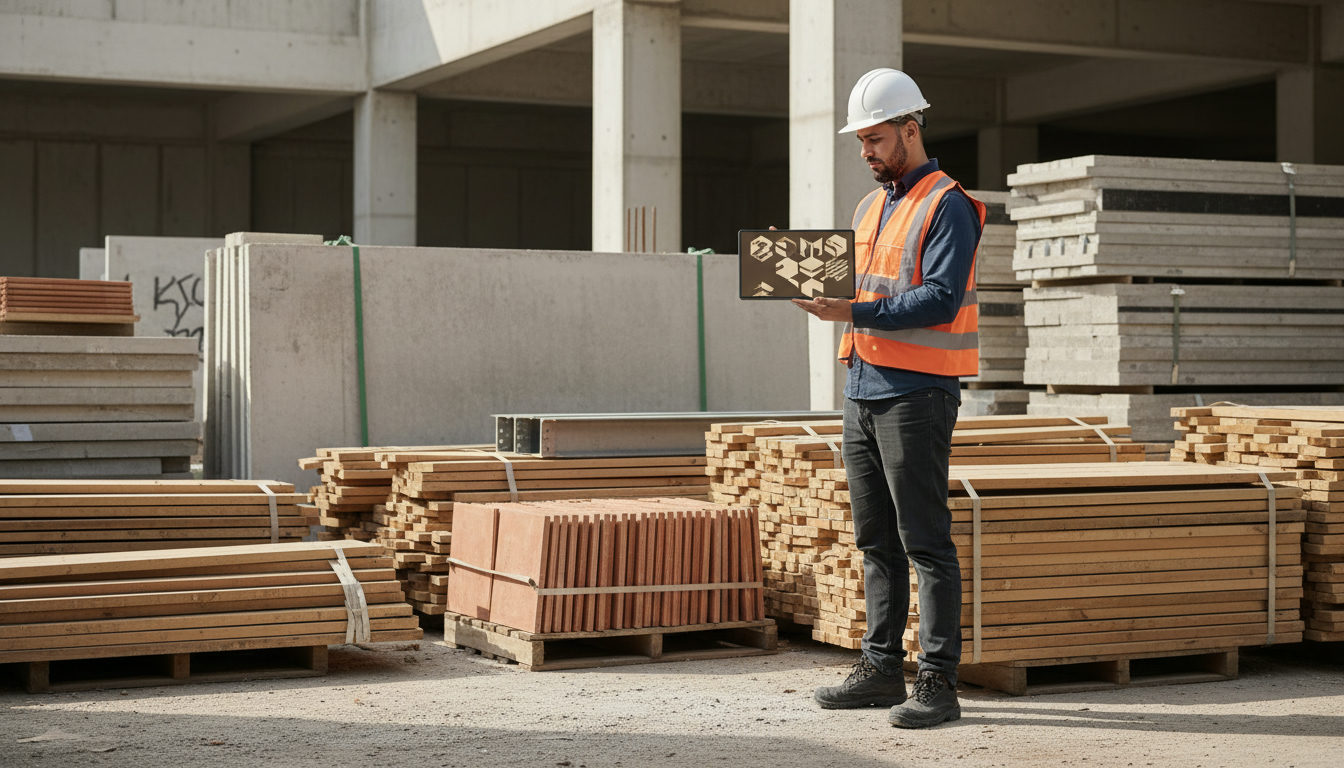 Engenheiro usando tablet com software de IA em canteiro de obras, com pilhas de materiais de construção ao fundo.