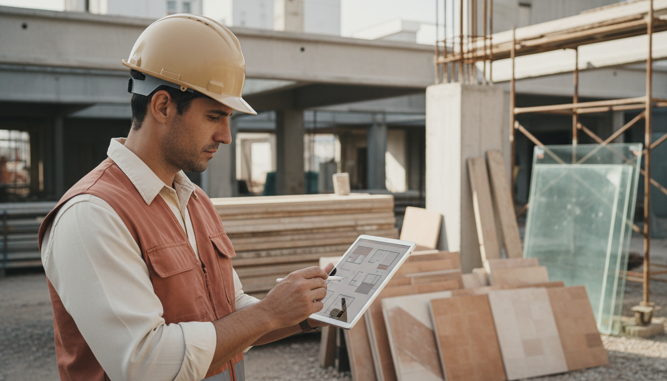 Engenheiro analisando um projeto de construção com um tablet e caneta, em um canteiro de obras, com capacete e colete, luz solar, vista de perto.