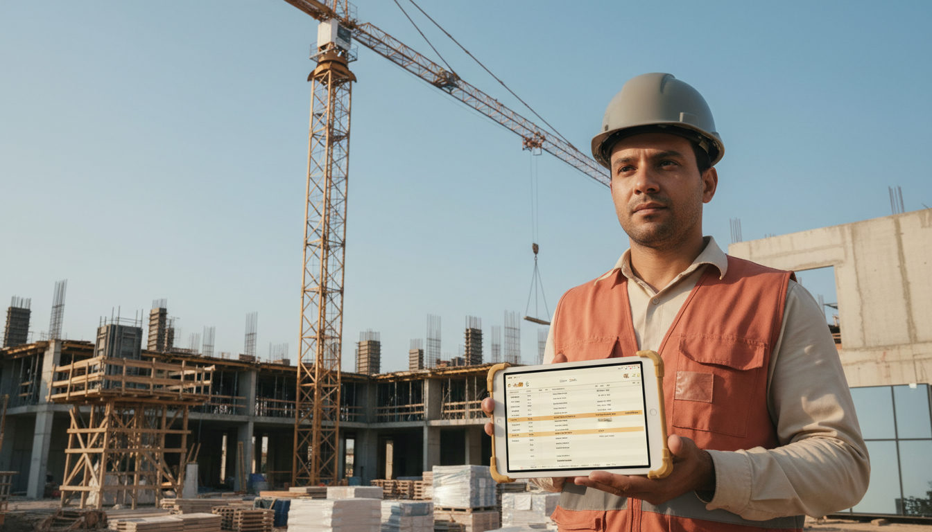 Engenheiro de obra utilizando tablet para revisar cronograma em canteiro de obras, com guindaste ao fundo.