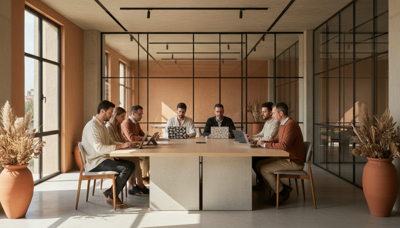Arquitetos e engenheiros em treinamento sobre novas tecnologias, utilizando notebooks e tablets em um ambiente colaborativo.