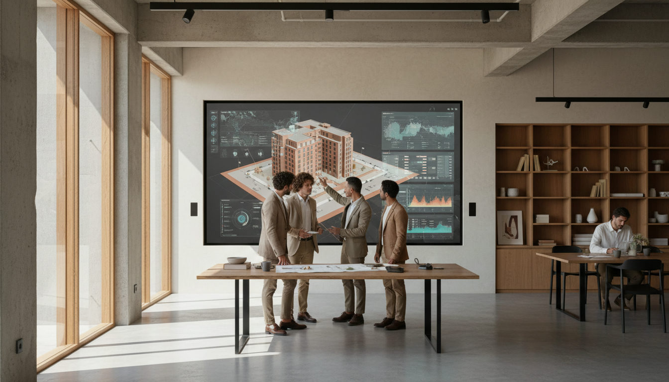 Arquitetos e engenheiros colaborando em torno de uma tela grande exibindo um modelo BIM 3D, com interfaces de IA sobrepostas, em um escritório moderno.
