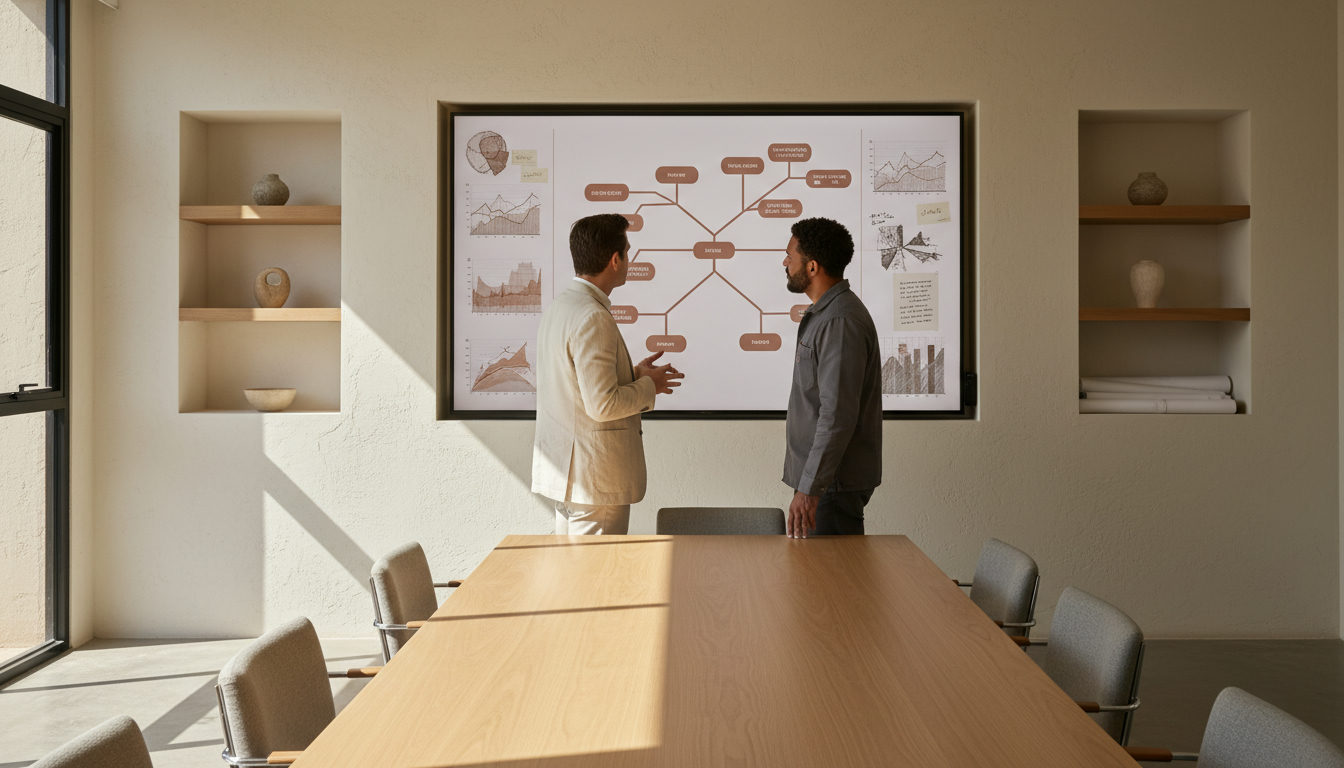 Um arquiteto e um engenheiro discutindo um diagrama de fluxo de trabalho complexo em uma tela, com notas manuscritas e gráficos de IA ao redor, em uma sala de reunião.