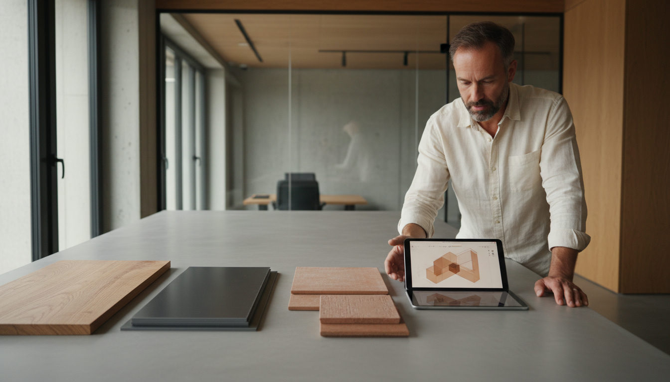 Engenheiro comparando amostras de materiais de construção em uma mesa, com um tablet mostrando um modelo BIM aberto, luz natural entrando pela janela, close-up.