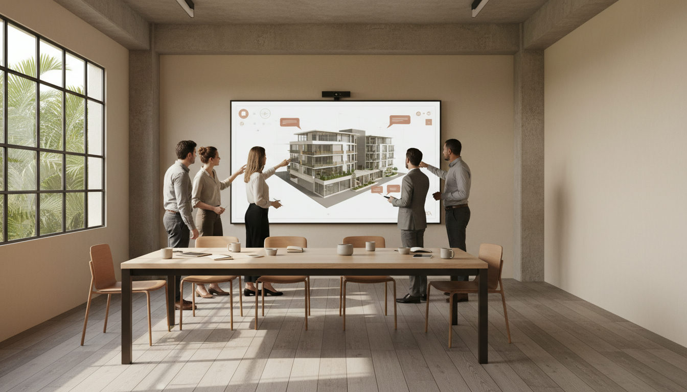 Engenheiros e arquitetos analisando um modelo BIM em tela grande, com anotações e comentários, em um ambiente de escritório colaborativo.
