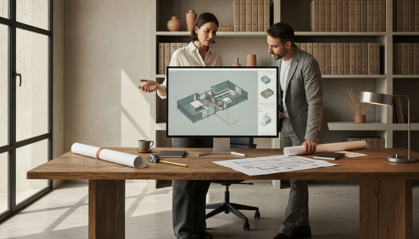 Engenheiro e arquiteta discutindo um projeto BIM em um monitor, com plantas impressas na mesa, iluminação de escritório com luz natural, close-up.
