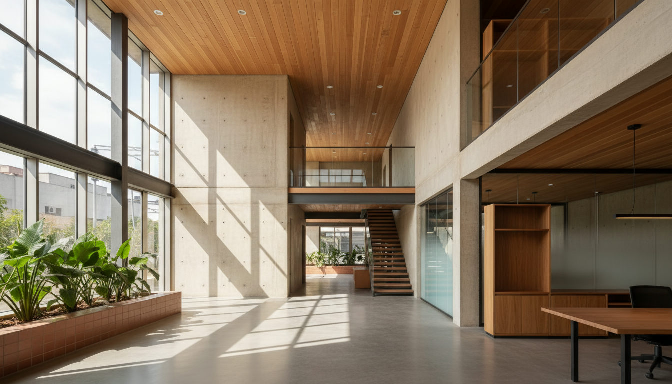 Interior view of a modern building showing different functional zones, possibly a blend of public and private spaces, with varied ceiling heights and finishes. People are visible, indicating activity.