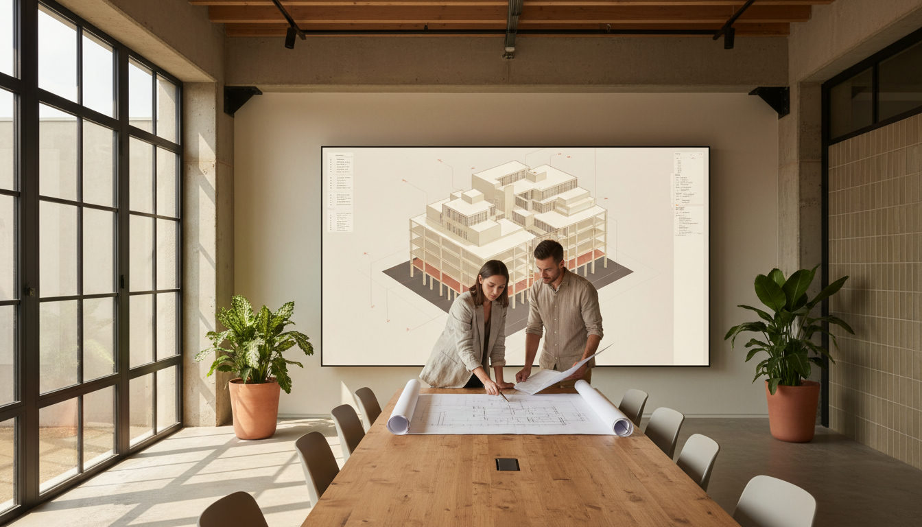 Engenheiro e arquiteto analisando pranchas de projeto em uma mesa de reunião, com um modelo 3D virtual em tela grande ao fundo, luz natural entrando pela janela.