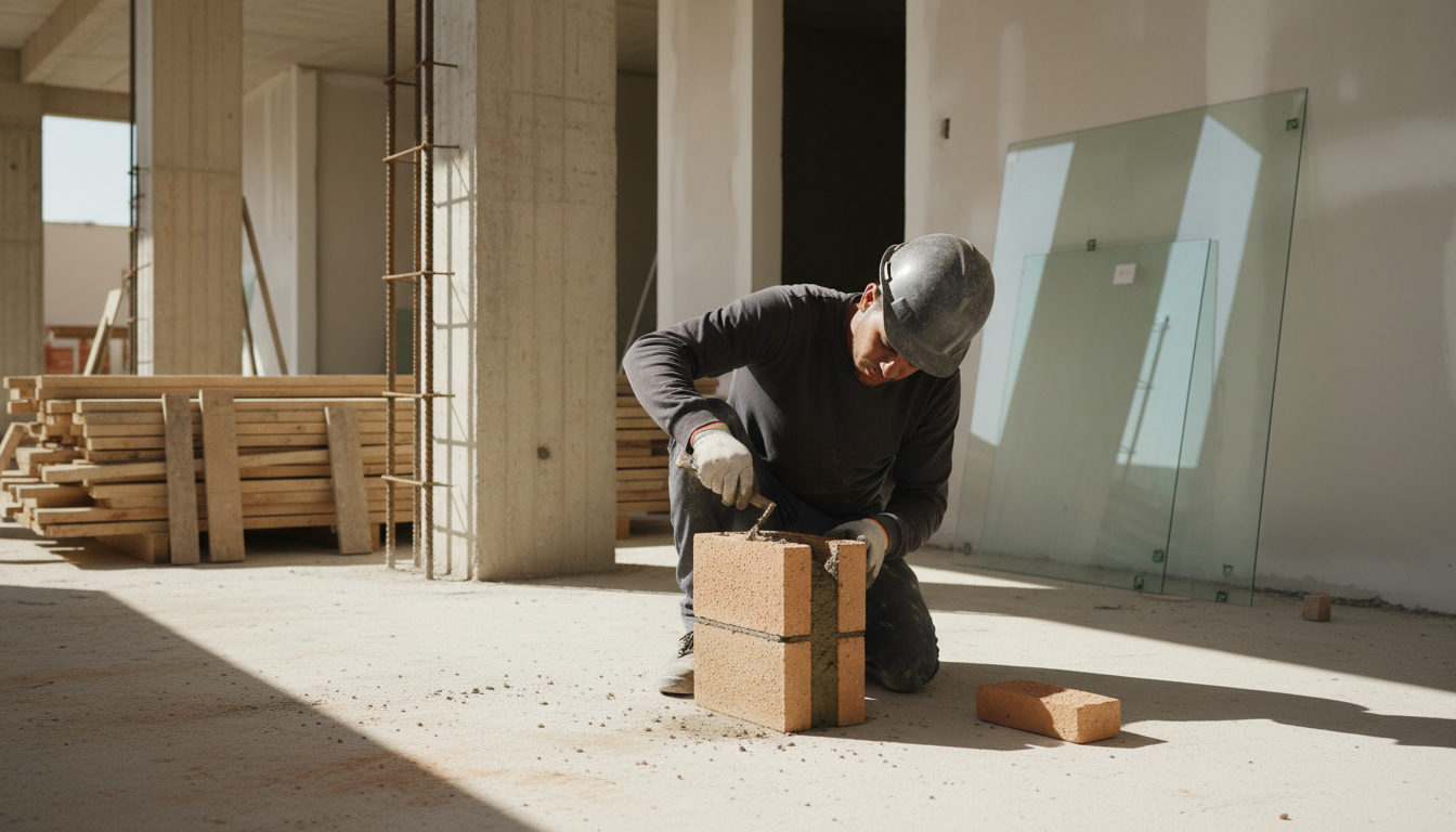 Operário da construção civil aplicando argamassa em blocos cerâmicos para moldar um prisma, em canteiro de obras, luz natural.