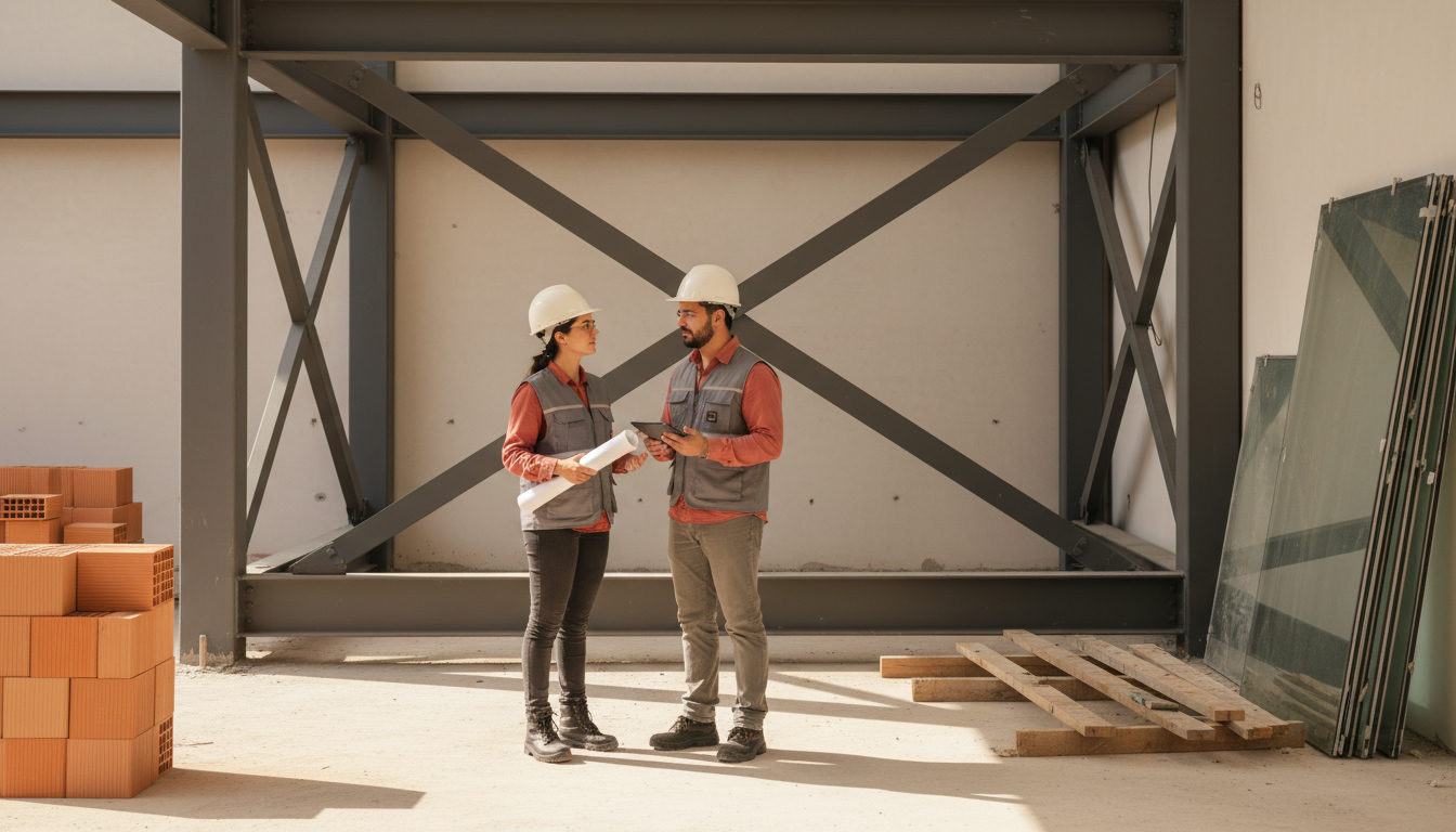 Engenheiro de segurança do trabalho e arquiteto discutindo um plano de segurança em um canteiro de obras, com equipamentos de proteção individual visíveis e uma estrutura metálica ao fundo, em um dia ensolarado.