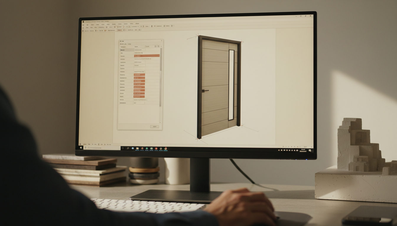 Arquiteto criando uma família de porta no Revit, com o editor de família aberto e diversos parâmetros visíveis na tela.