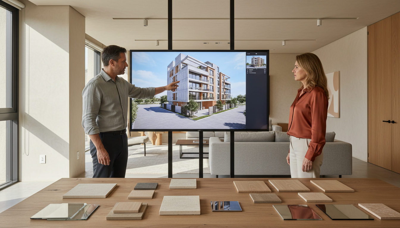 Arquiteto mostrando um projeto 3D em tempo real para um cliente em uma tela grande, com opções de materiais e iluminação sendo alteradas dinamicamente.