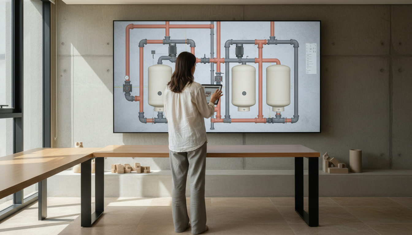 Engenheiro analisando modelo BIM de sistema hidrossanitário em tela grande, com tubulações coloridas e reservatórios visíveis, em um escritório moderno com luz natural.