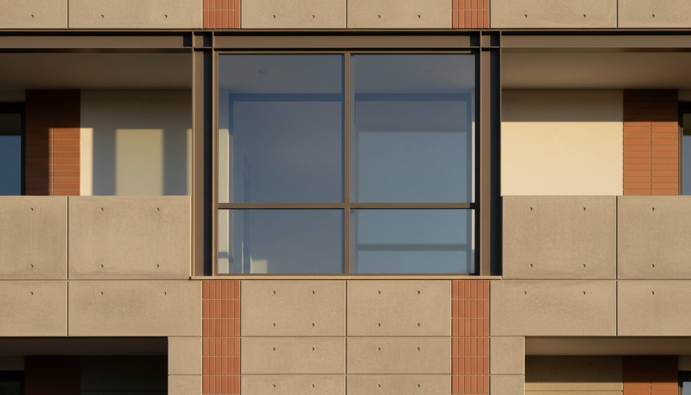 Detalhe de fachada de casa com painéis modulares e grandes aberturas de vidro, mostrando a precisão do encaixe.