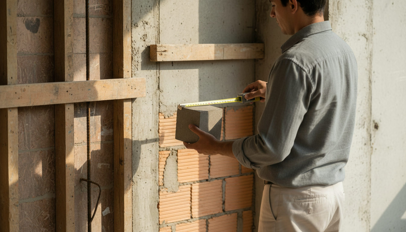 Engenheiro inspecionando uma amostra de concreto em um canteiro de obras, com um bloco de concreto e uma fita métrica, luz natural do dia.