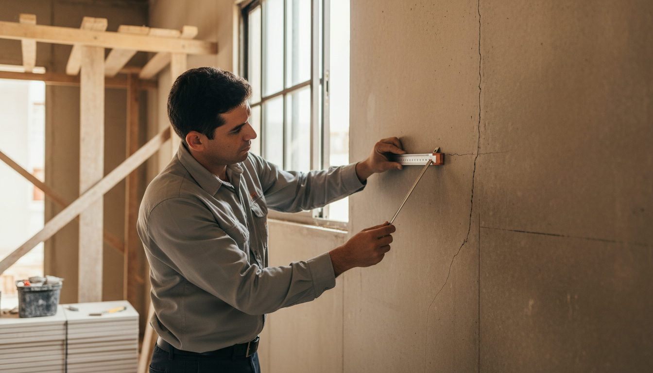 Engenheiro inspecionando uma fissura em uma parede de concreto, com ferramentas de medição em mãos, em um ambiente de construção, luz natural.